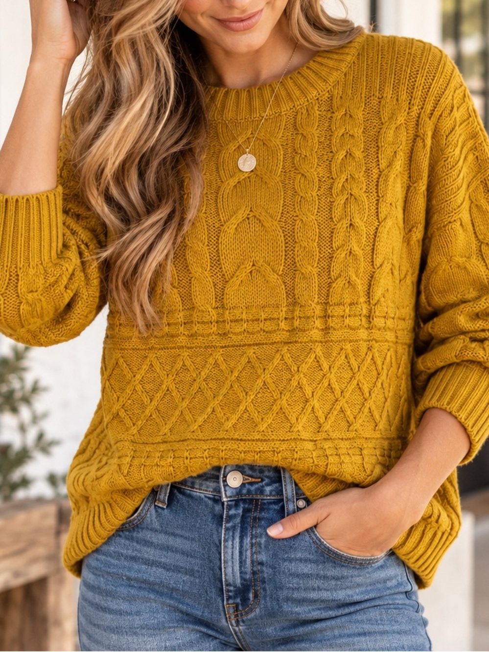 Time and Tru Mustard Cable Knit Sweater Women’s M Cozy Cottagecore Fall